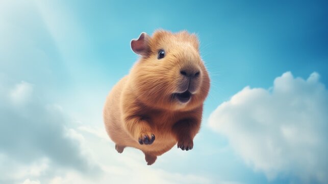 Flying cute capybara character on blue sky background.