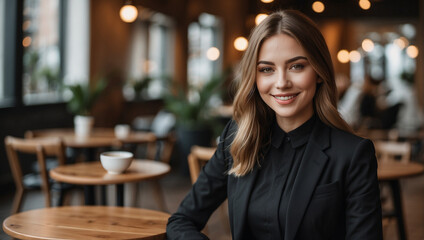 portrait of a young woman in the cafe, smiling and looking at the camera