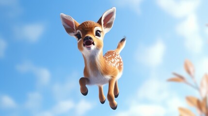 Flying cute little deer character on blue sky background.