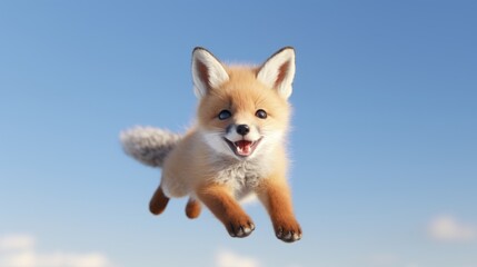 Flying cute little fox character on blue sky background.