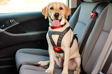 Joyful Labrador: A Content Canine Leashed in the Back Seat