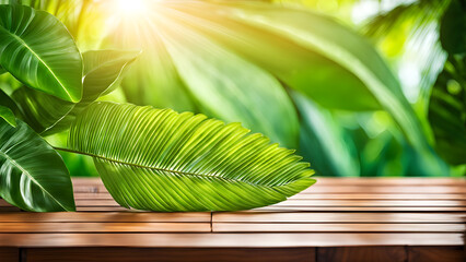 generative ai bokeh natural green background, there are wooden planks and tropical leaves.