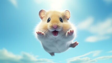 Flying cute little hamster character on blue sky background.