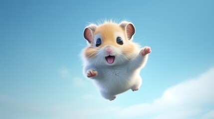 Flying cute little hamster character on blue sky background.