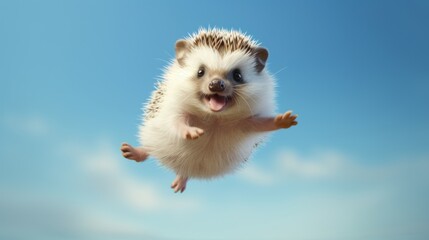 Flying cute little hedgehog character on blue sky background.
