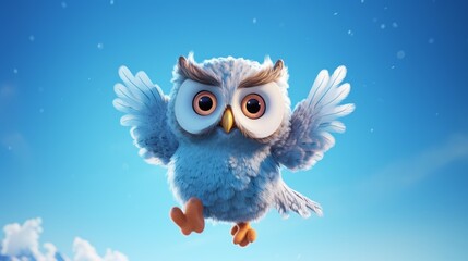 Flying cute little owl character on blue sky background.