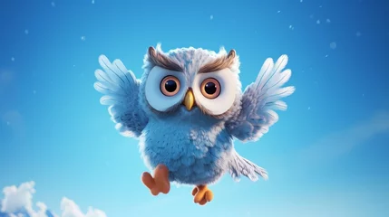 Gordijnen Flying cute little owl character on blue sky background. © Darcraft