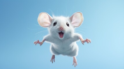 Flying cute little mouse character on blue sky background.