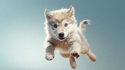 Flying cute little wolf character on blue sky background.