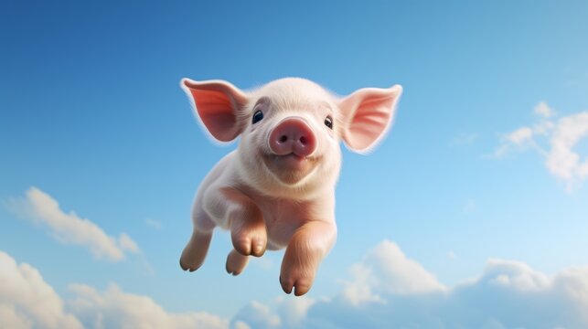 Flying cute little pig character on blue sky background.