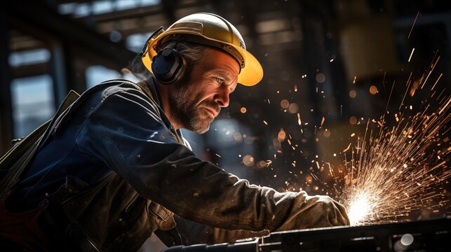 Welding: Industrial worker welding metal with sparks flying
