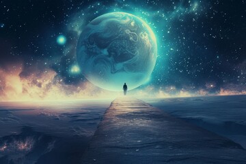 A surreal image of a person walking on a pathway that leads to a hovering, luminous planet in the night sky