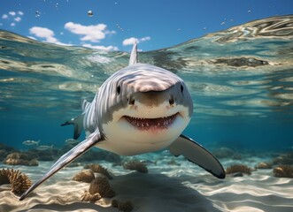 Shark swims in the sea with splashes of water.