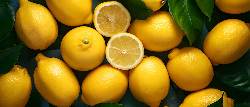 Fresh ripe lemons and pieces isolated on background, wallpaper..