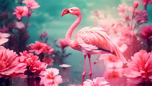 Flamingo and tropical nature flower abstract background. Generative ai.