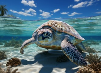 Flying cute little Turtle character on blue sky background.