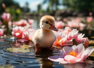 Little duckling swimming in a lake with pink water lilies.