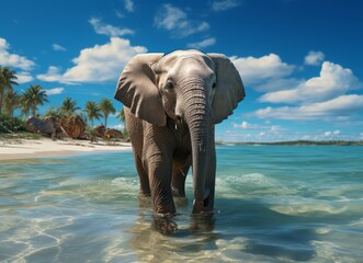 Fototapeta na wymiar Elephant in the water on a background of palm trees and blue sky