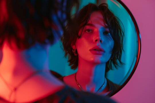 A transgender individual looking into a mirror, with their reflection showing their true gender identity, representing self-acceptance