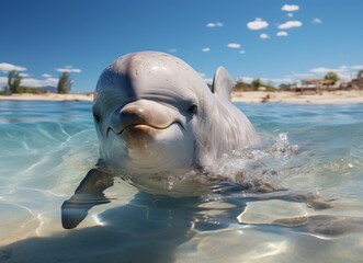 Dolphin swims in the sea with splashes of water.