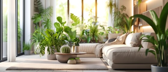 modern living room with plant, a room with a lot of plants in it and a window in the wall above - obrazy, fototapety, plakaty