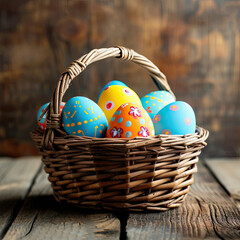 Fototapeta na wymiar Colorful Painted Easter Eggs in Basket on Wooden Table