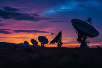 An array of radio telescopes pointed towards the stars at dusk, searching for cosmic signals