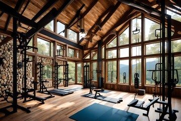 A rustic home gym with floor-to-ceiling windows overlooking a lush forest, exposed wooden beams,...