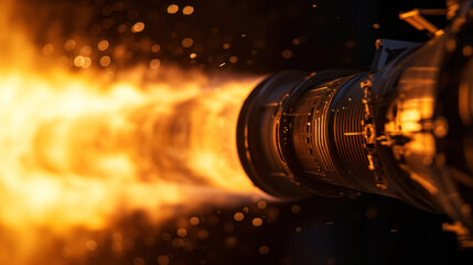 Rocket engines and fire ignition. Missile launch at night, close up.