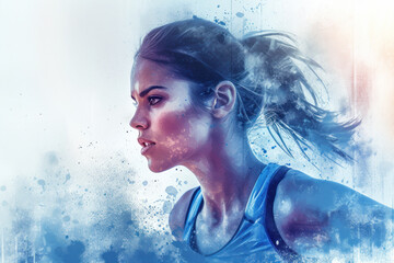Athletic athlete in action, woman blue watercolor with copy space