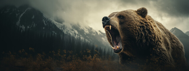 Cinematic Grizzly Bear attack banner. Aggressive Brown Bear roaring - obrazy, fototapety, plakaty