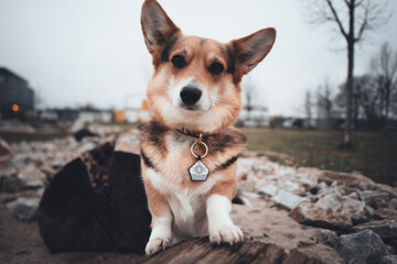 A corgi dog with a collar and dog tag lifts her body onto a piece of wood and stares into the camera. A day with grey skies in the park.
