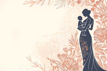 Silhouette of a mother holding her little child, surrounded by intricate floral patterns on the . Concept of Mothers day, childhood, parenthood, the beauty and grace of motherhood.