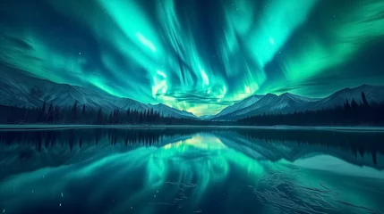 Foto op Canvas Hyper Realistic painting of aurora in the Night sky with polar lights. Night winter landscape with aurora and reflection on the water surface. stunning natural background photo. Generated AI. © jirayut