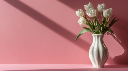 Silhouette vase of a female body with White Tulips . Symbol of female health and beauty on pink background 
