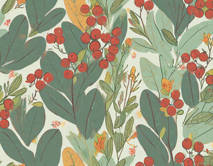 Minimalistic airy pattern with lingonberry berries and flowers. Forest autumn theme