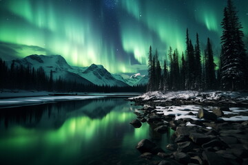 Hyper Realistic painting of aurora in the Night sky with polar lights. Night winter landscape with aurora and reflection on the water surface. stunning natural background photo. Generated AI. - obrazy, fototapety, plakaty