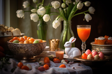 Easter appetizer food table background. Easter snacks, eggs, bunnies and flowers