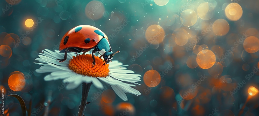 Poster ladybug on white flower bright spring background with minimalistic abstract design