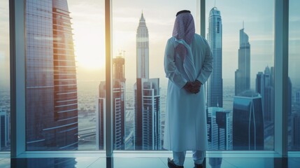 Successful Muslim Businessman in Traditional White Kandura Standing in His Modern Office Looking...