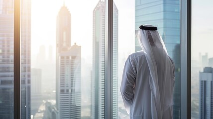 Back view of  Muslim Businessman in Traditional White Standing in His Modern Office Looking out of the Window on Big City with Skyscrapers. Successful Saudi, Emirati, Arab Businessman Concept.