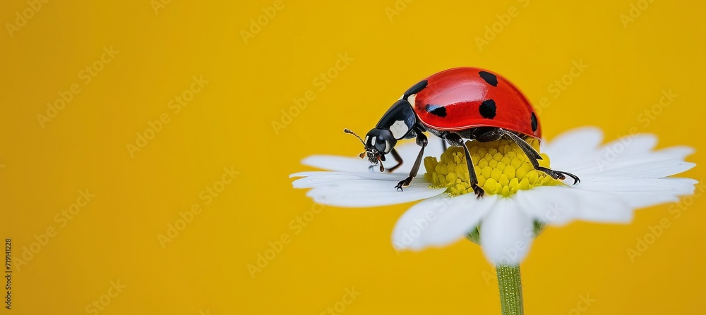 Poster bright minimalistic spring background with ladybug on white flower and copy space for text placement