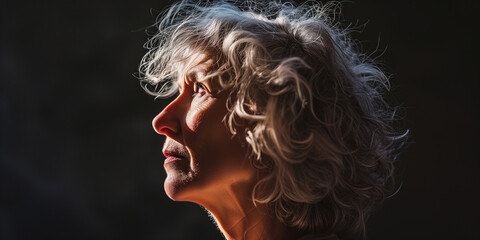 Mature woman with silver hair, profile against a dark background, lit by a striking ray of light