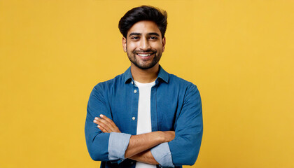 Young smiling happy cheerful Indian man he wearing shirt casual clothes look camera hold hands crossed folded look camera isolated on plain yellow color background studio portrait. Lifestyle concept - obrazy, fototapety, plakaty