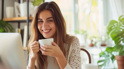 A happy emotionally inspired young woman looks into the camera holding cup of tea on home background .