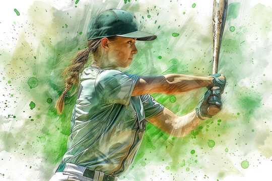Baseball player in action, woman green watercolour with copy space