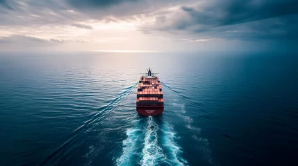 Tuinposter Container ship or cargo shipping over calm blue ocean. Global business logistics import export. Aerial view from drone. © Almultazam