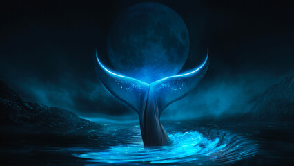 Fantasy night landscape with big moon, whale tail, blue neon. 3D illustration