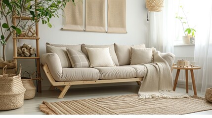 Naklejka premium Warm and cozy composition of living room interior with mock up poster frame, modular sofa, wooden coffee table, round rug, beige wall, modern rack and personal accessories. Home decor. Template.