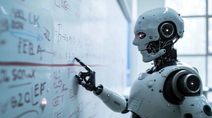 Robot hand artificial intelligence Ai pointing at word self learning improving development problem-solving solution tasks of future technology, ai computer, blurred coding background.3d rendering